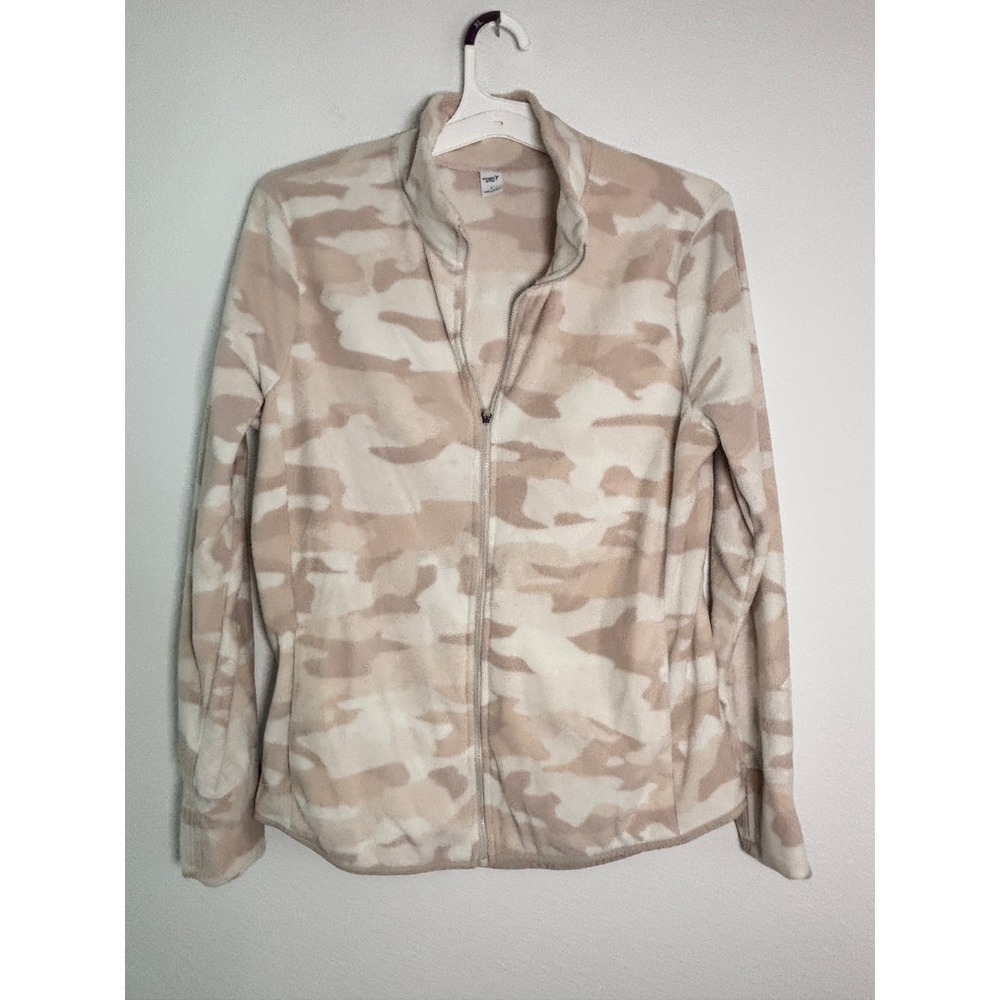 Old Navy Active Womens Fleece Jacket Beige Camo Full Zip Thumbholes Large